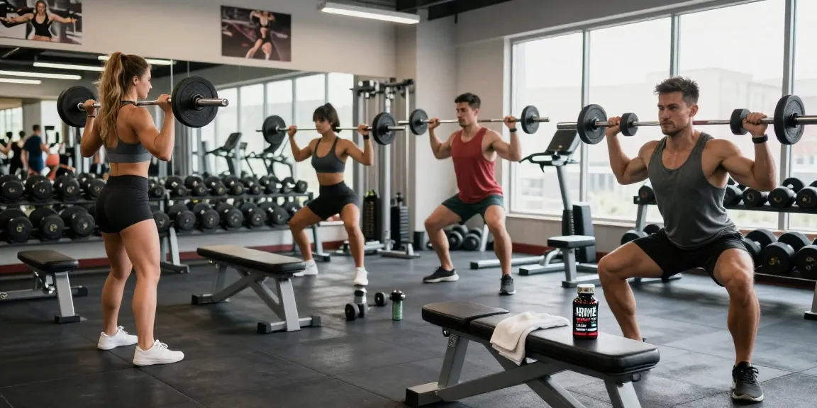 Kraftsportler, die Prime Pharma Steroide in einem energetischen Training im Fitnessstudio verwenden, und dabei Entschlossenheit und Fitness zeigen.