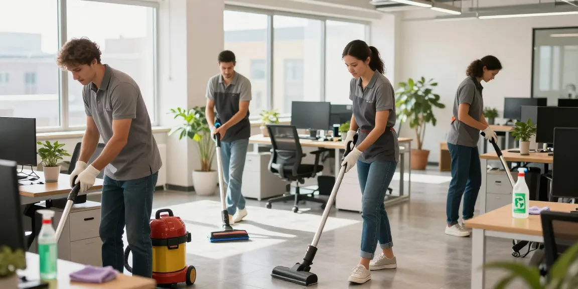 Unterhaltsreinigung Hannover: Professionelles Reinigungsteam bei der Büroreinigung in modernem Büro mit natürlichem Licht und einem sauberen Arbeitsumfeld.