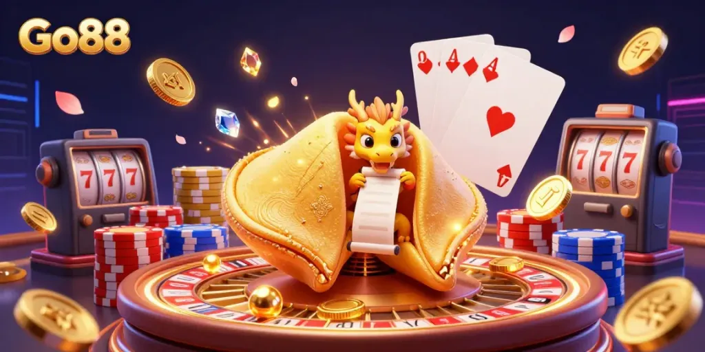 Spin to win with Go88 through golden coins and vibrant casino elements in a magical scene.