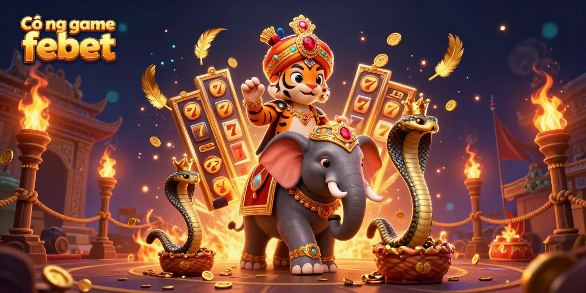Cổng game febet showcases a vivid online casino scene with an ornate elephant, luck symbols, and gambling elements.
