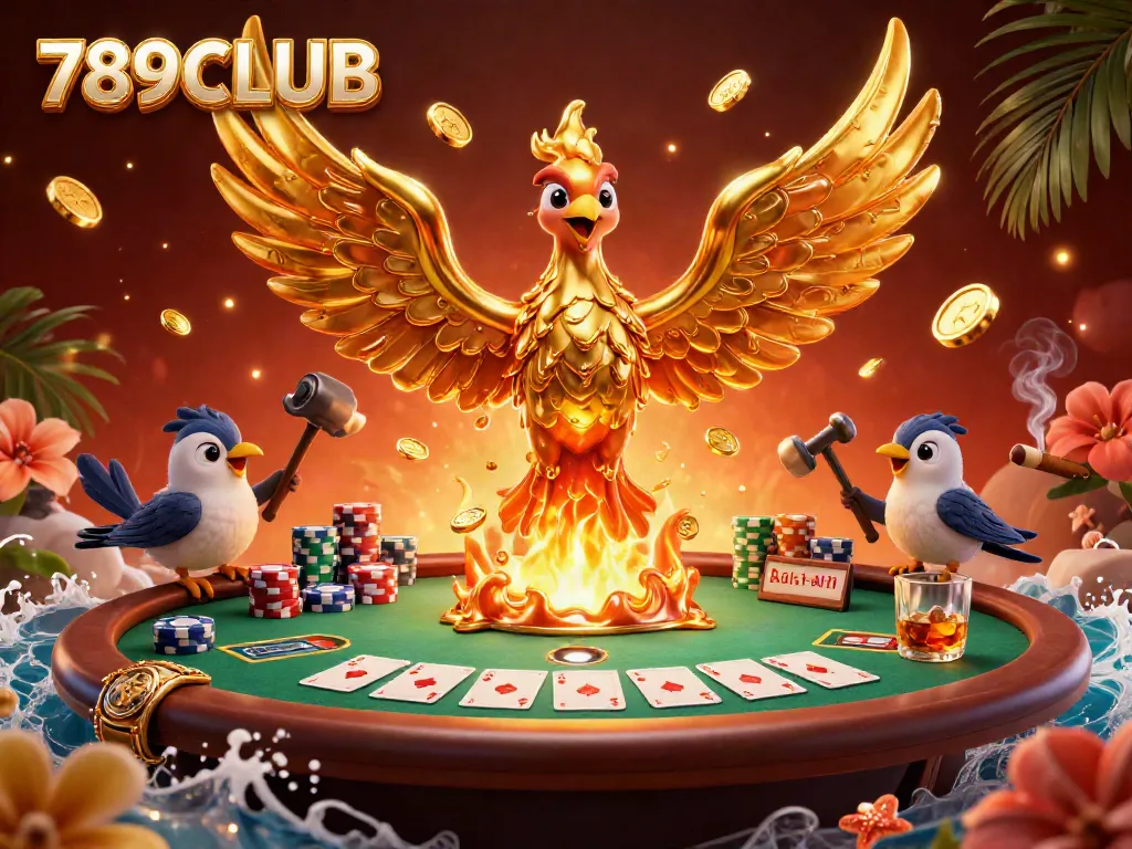 Experience the dynamic world of 789CLUB with a golden phoenix emerging from a poker scene filled with vibrant casino elements.