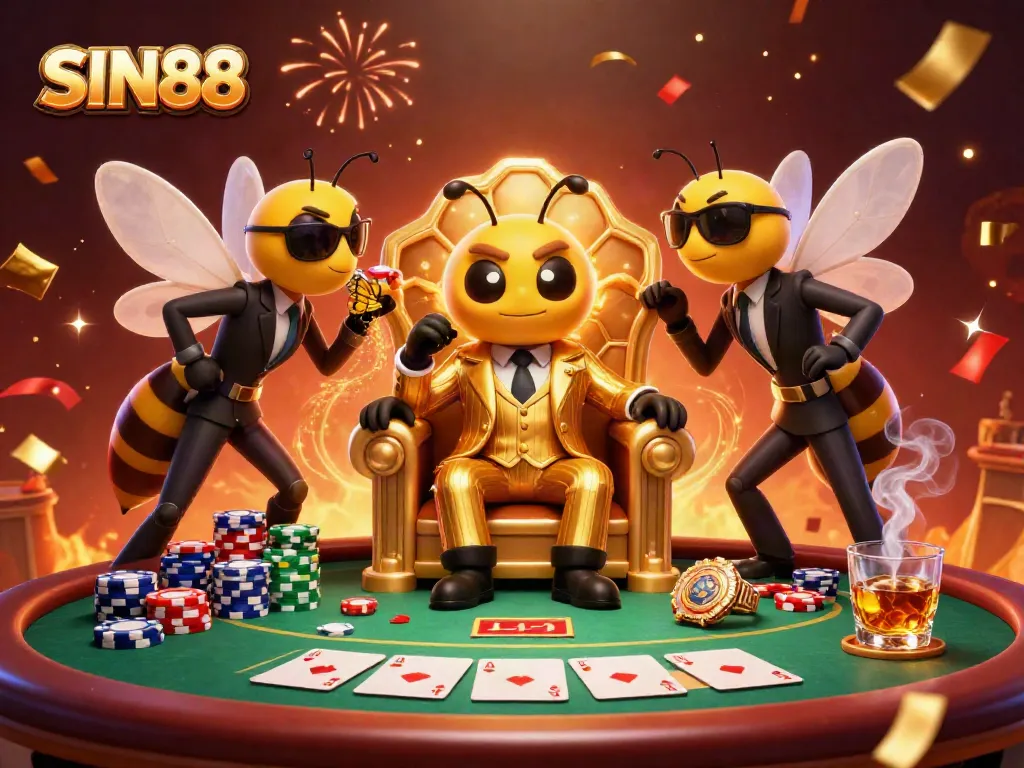 SIN88 captivates with an energetic casino scene showcasing a bumblebee mob boss at a poker table.