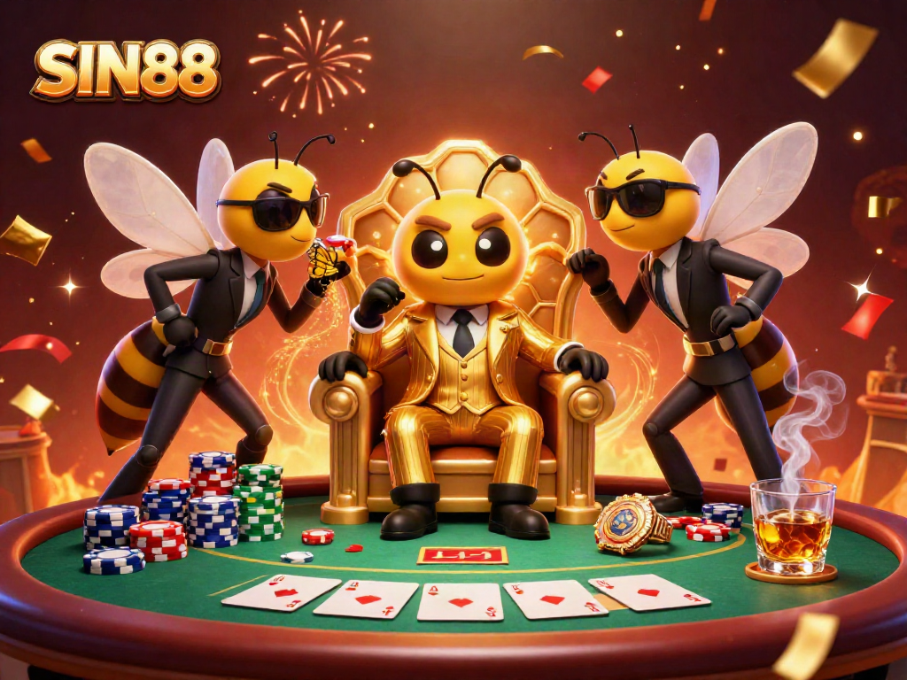 SIN88 captivates with an energetic casino scene showcasing a bumblebee mob boss at a poker table.