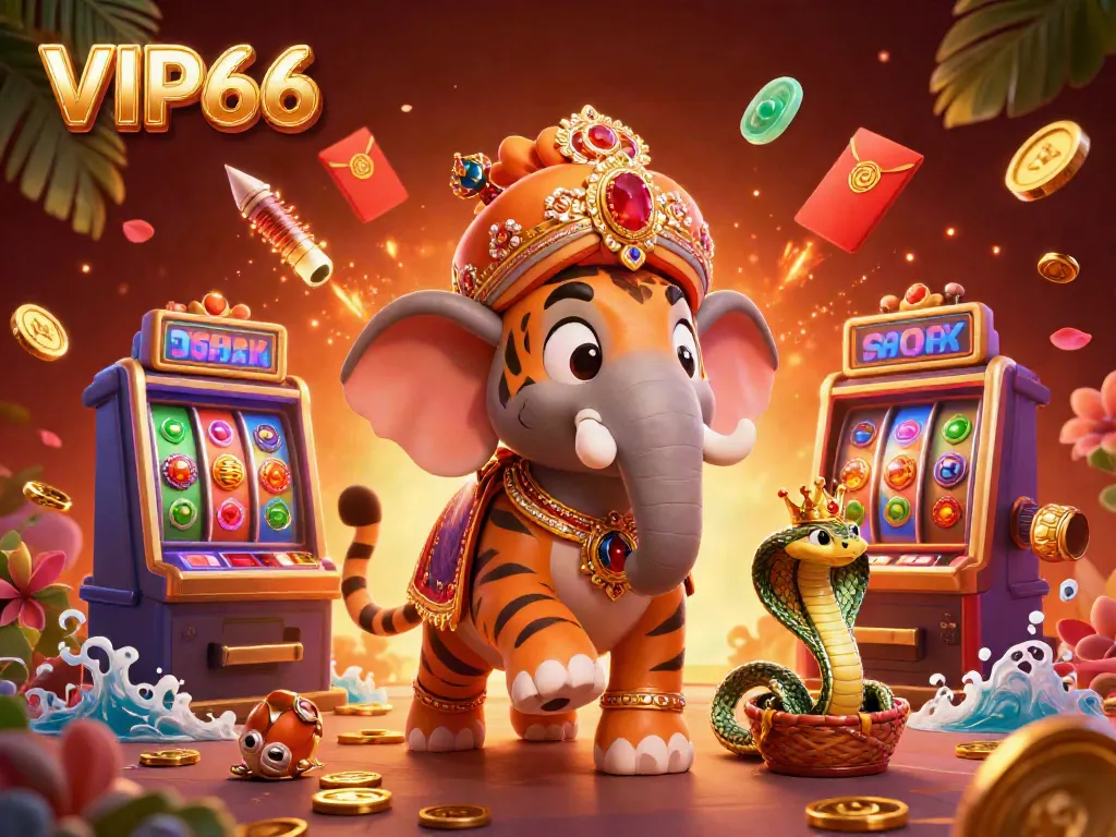 Engage in VIP66's vibrant casino atmosphere with a majestic maharaja tiger, adorned elephant, and festive slot elements.