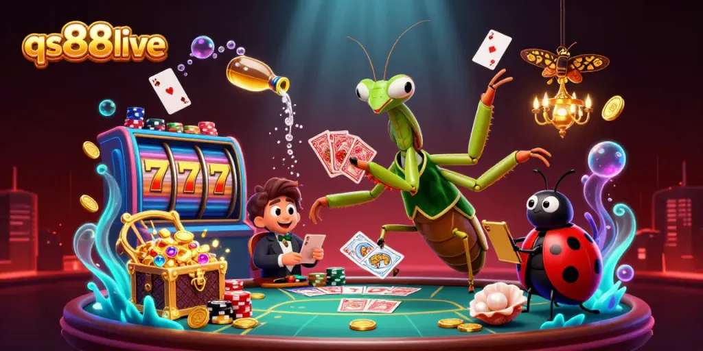 Engage in thrilling gameplay at qs88live with a vibrant 3D casino scene featuring a mantis card dealer and colorful game elements.