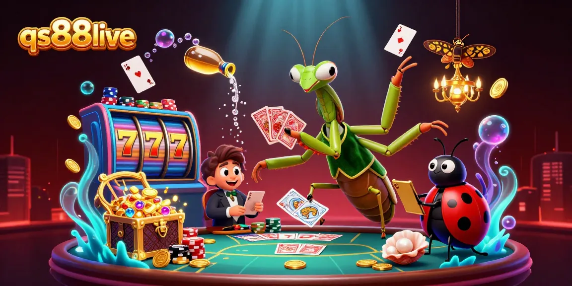 Engage in thrilling gameplay at qs88live with a vibrant 3D casino scene featuring a mantis card dealer and colorful game elements.