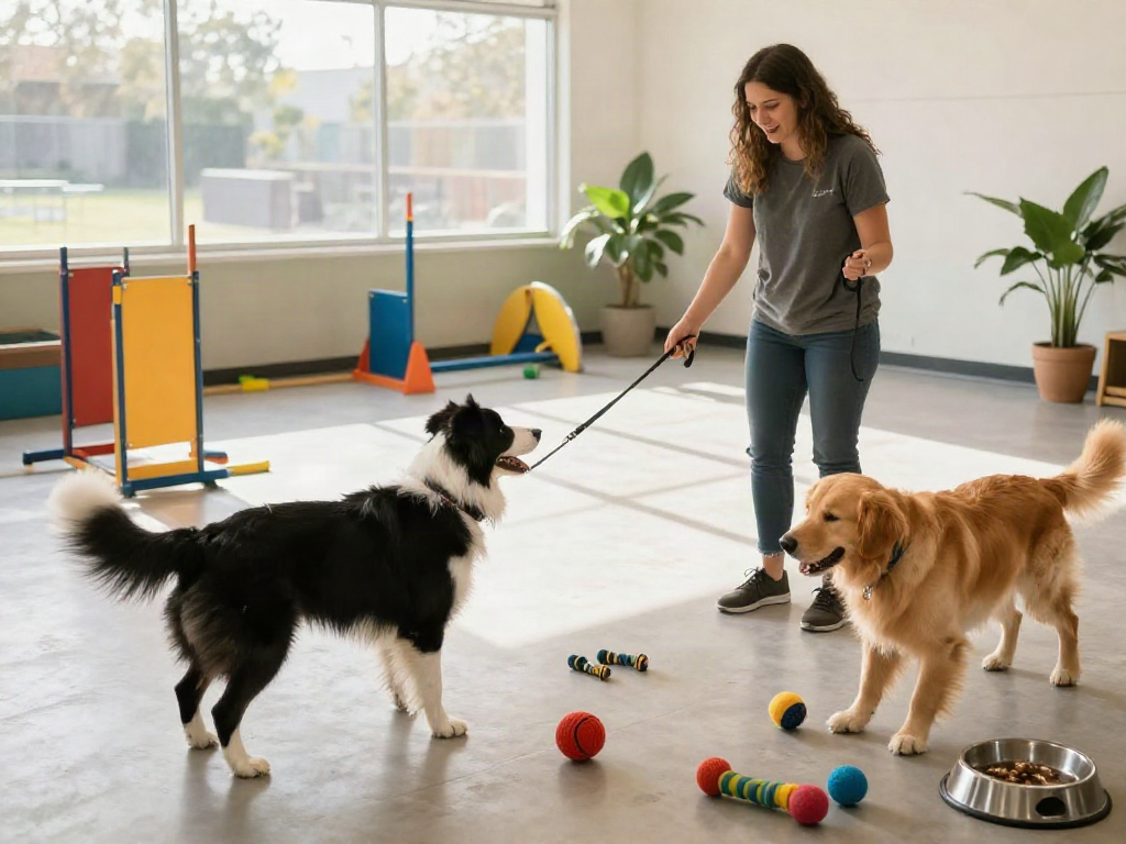 Dog trainer demonstrating leash training with a Border Collie, promoting deposit 10k daycare services in a vibrant pet-friendly environment.