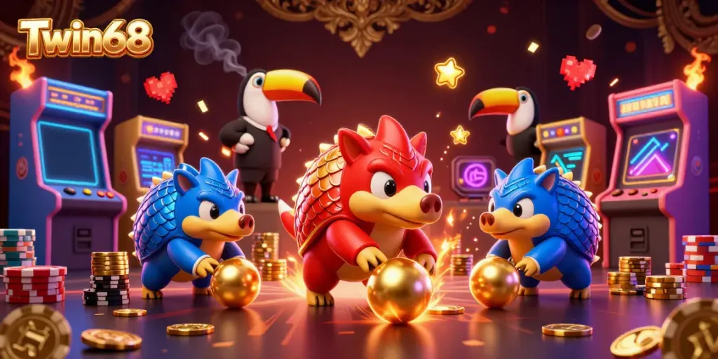 Twin68 pangolins bowling through golden poker chips in an exciting casino scene.