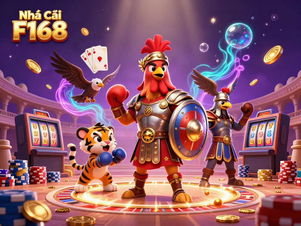Experience dynamic gaming with Nhà cái F168 featuring vibrant 3D characters, sparkling gems, and classic casino elements.