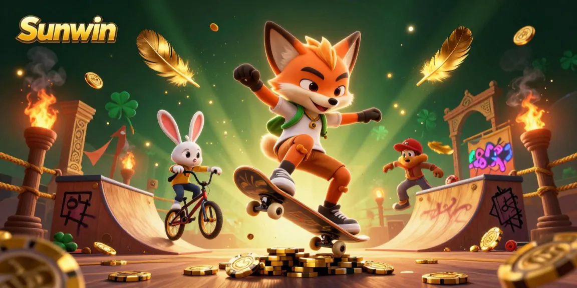 Experience thrilling games at Sunwin, featuring a dynamic fox and rabbit in a vibrant casino scene.