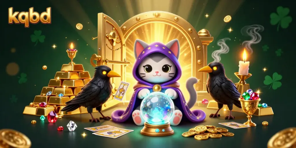 Experience the thrilling kqbd action with a mystical cat and raven amidst dazzling treasures.