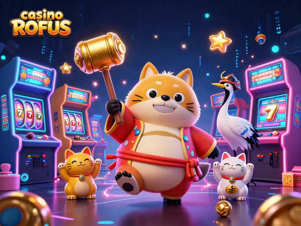 Play exciting games at casino uden om ROFUS with colorful characters and vibrant casino elements surrounding them.
