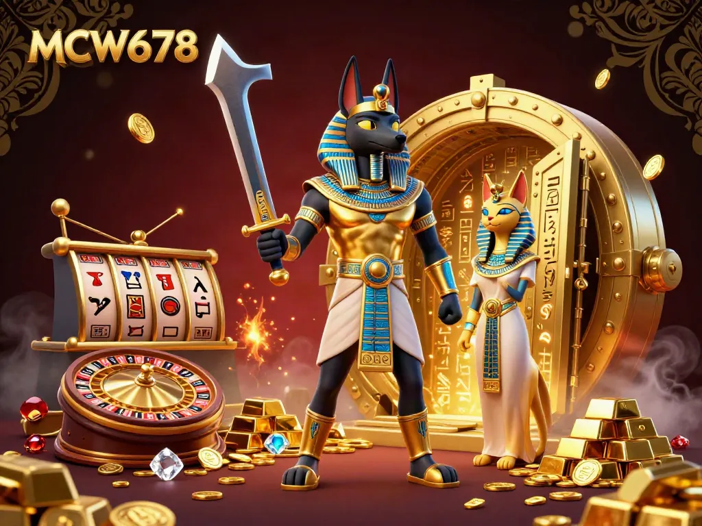 Experience MCW678 casino excitement with Anubis and Bastet surrounded by treasures and gaming elements.