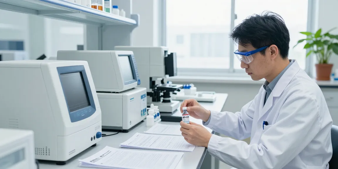 BPC-157 research lab with scientists analyzing peptides at koipeptidescanada.com/bpc-157-canada, featuring analytical instruments and clarity in documentation.