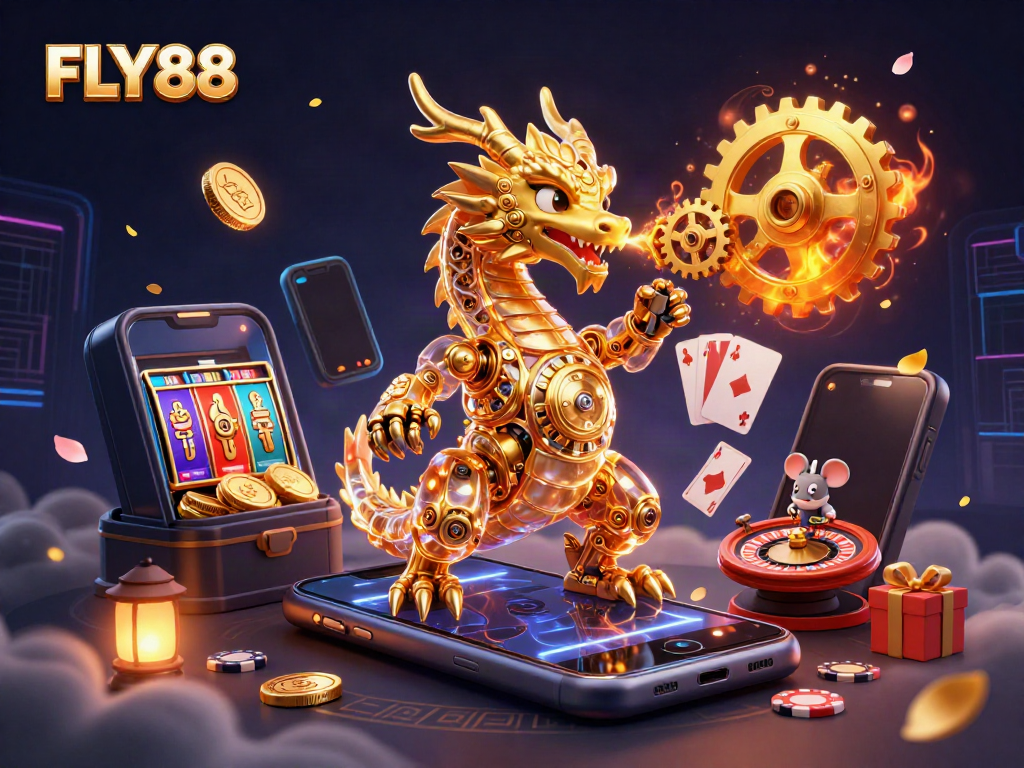 FLY88 captivates players with dynamic 3D gaming visuals showcasing slots and casino elements.