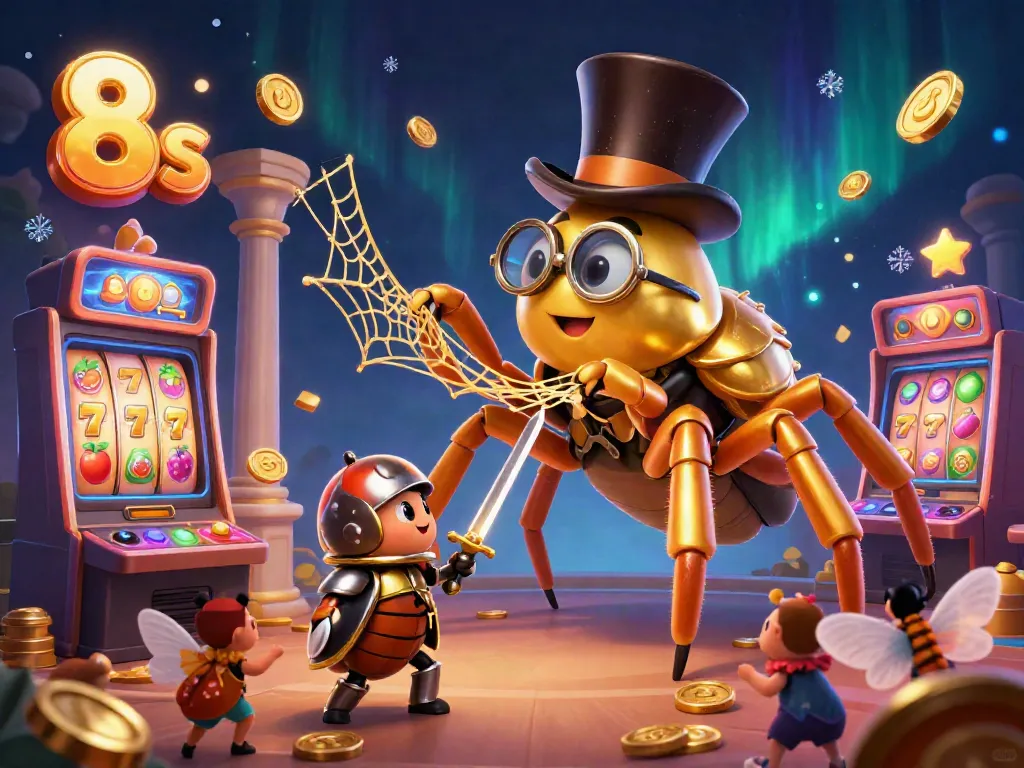 Engaging 3D casino scene with 8s-themed characters, slot machines, and colorful gaming elements.