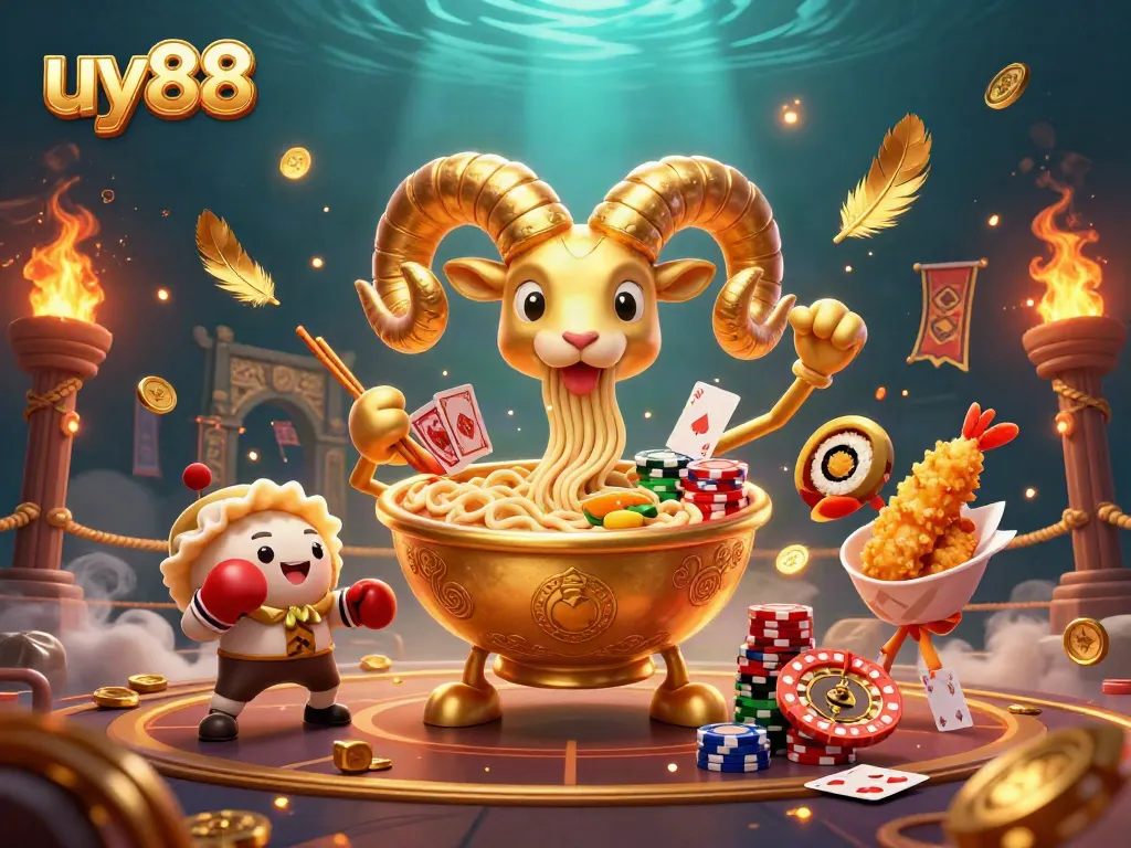 Engage with uy88 casino magic through a vibrant scene of playful characters in a lavish gaming arena.