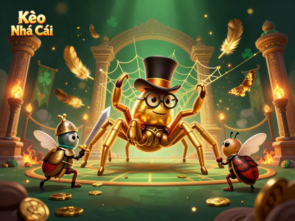 Experience the thrill of Kèo Nhà Cái as the brave beetle knight approaches a golden tarantula amidst a vibrant casino setting.