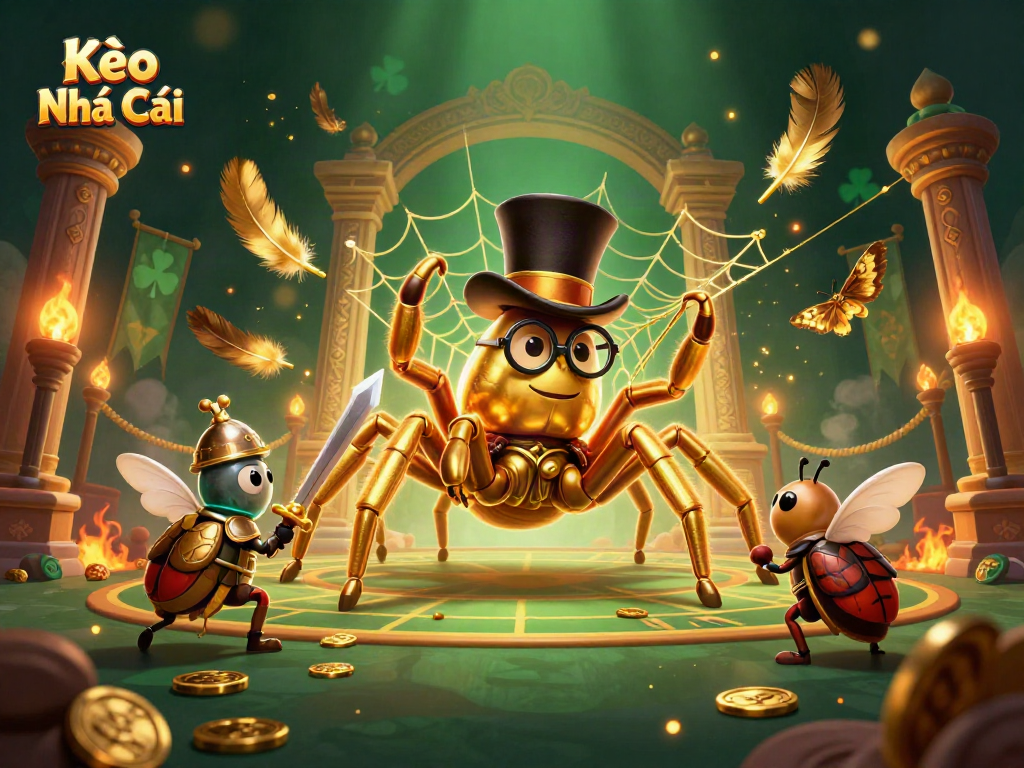 Experience the thrill of Kèo Nhà Cái as the brave beetle knight approaches a golden tarantula amidst a vibrant casino setting.