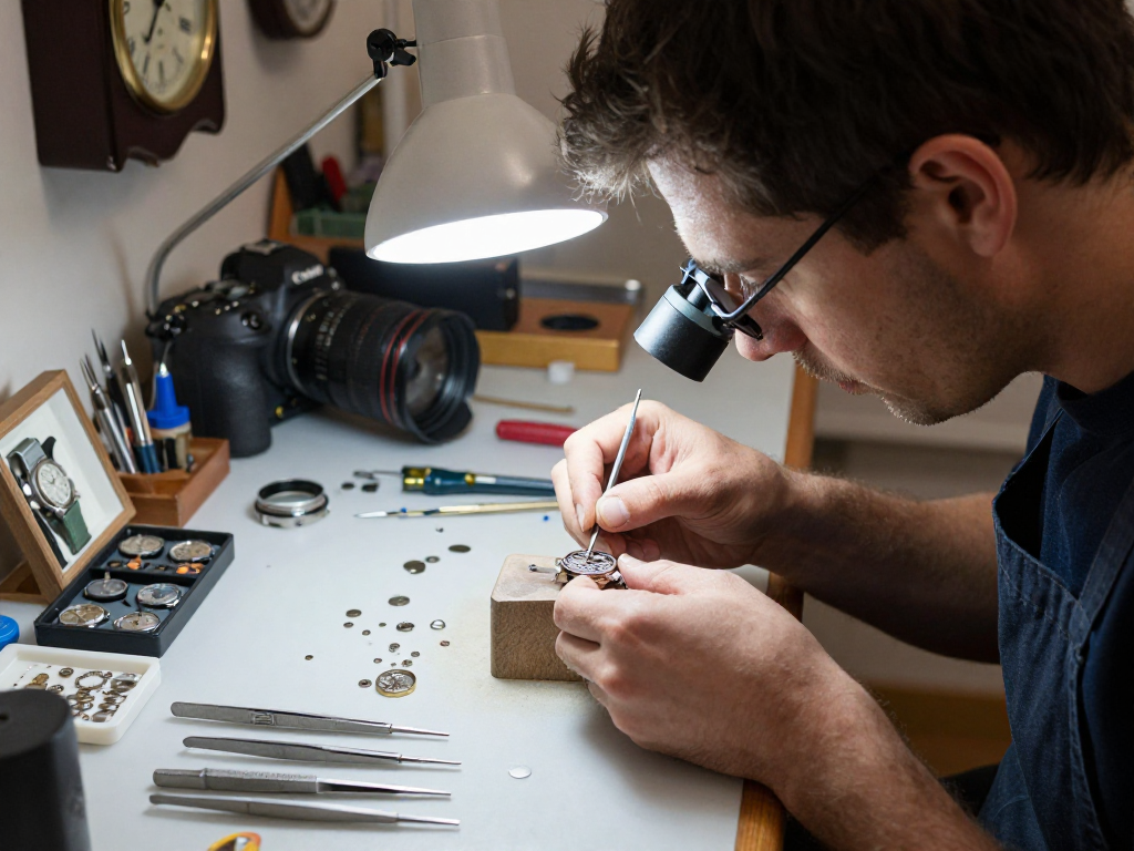 Expert watchmaker assembling 2235 movement parts in a cozy workshop.