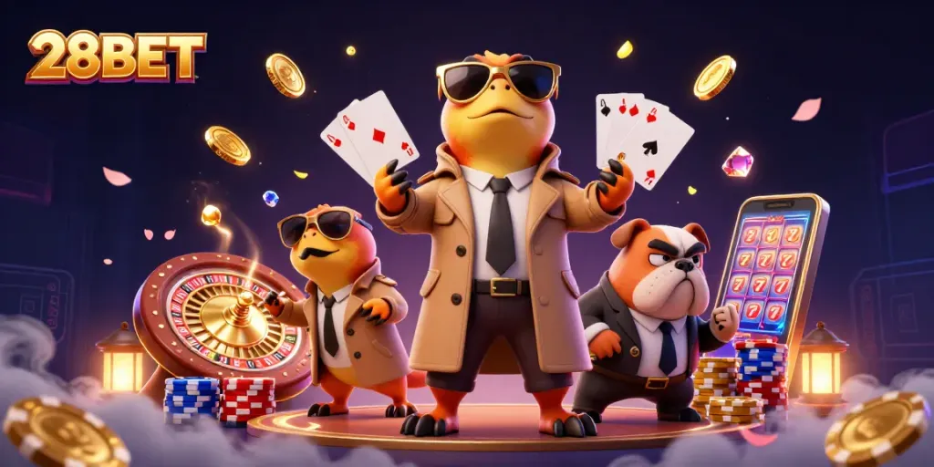 Experience a thrilling moment at 28BET with raptors sneaking into a VIP lounge, surrounded by vibrant casino elements.