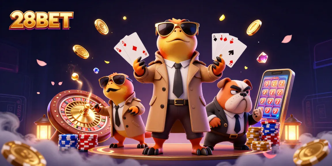 Experience a thrilling moment at 28BET with raptors sneaking into a VIP lounge, surrounded by vibrant casino elements.