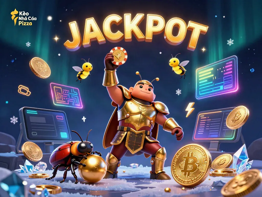 Engage with Kèo Nhà Cái Pizza's thrilling casino scene featuring victorious characters and vibrant gaming elements.