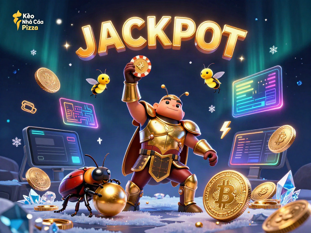 Engage with Kèo Nhà Cái Pizza's thrilling casino scene featuring victorious characters and vibrant gaming elements.