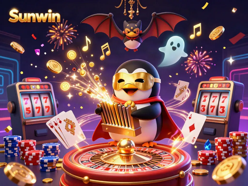 Experience the thrilling vibes of Sunwin's casino games with golden coins cascading and colorful poker chips scattered around.