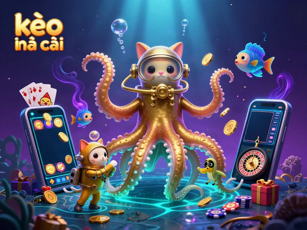 Engage with kèo nhà cái through vibrant 3D cartoon art featuring a kraken, diving cat, and colorful slot games.