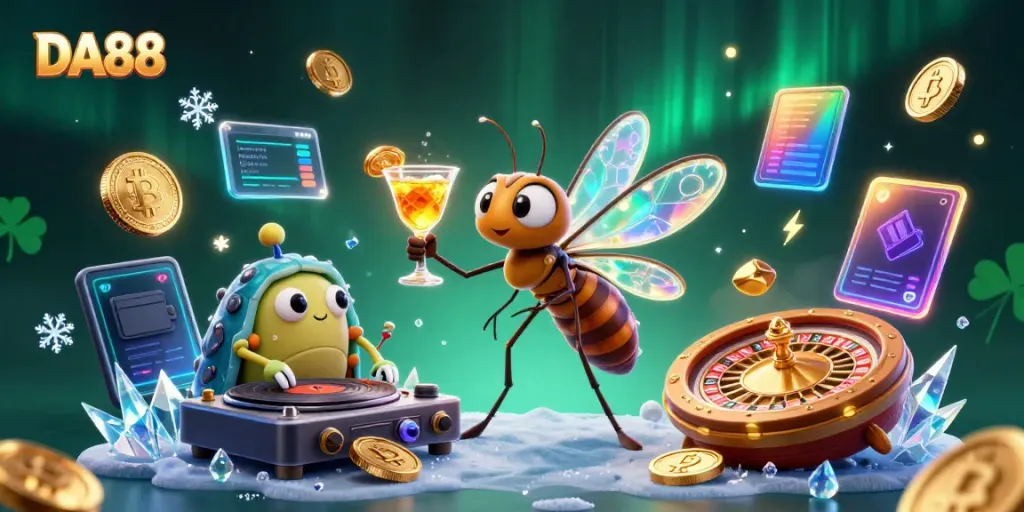 DA88 casino mascot frozen-in-amber mosquito holds a cocktail in vibrant 3D digital art.