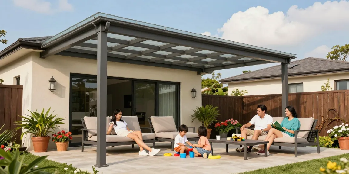 Moderne Terrassenüberdachung in einem sonnigen Garten, Familie entspannt auf der Terrasse.