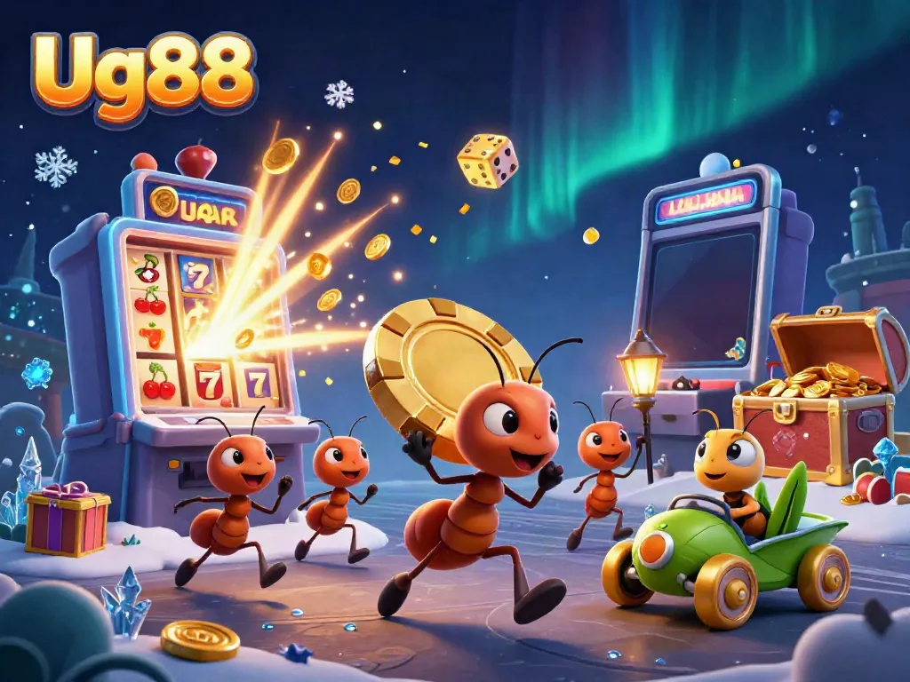 Engaging scene with Ug88's cartoon ants carrying a poker chip through a jackpot-infused tunnel.