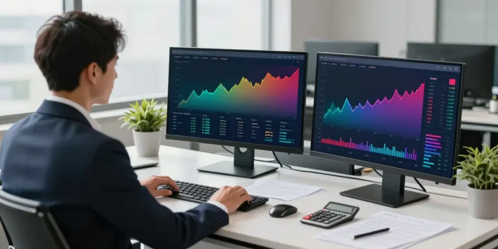 Escena de gestión financiera con análisis de netcash en un entorno de oficina moderna.