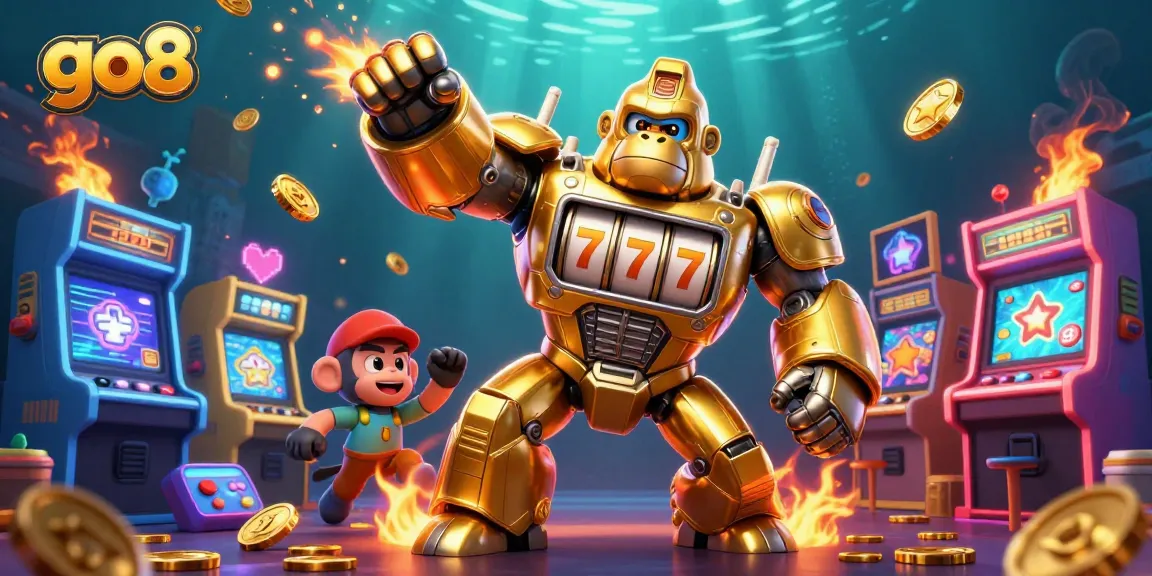 Experience go8 gaming with a transformer-style golden gorilla mech amidst casino arcade action.