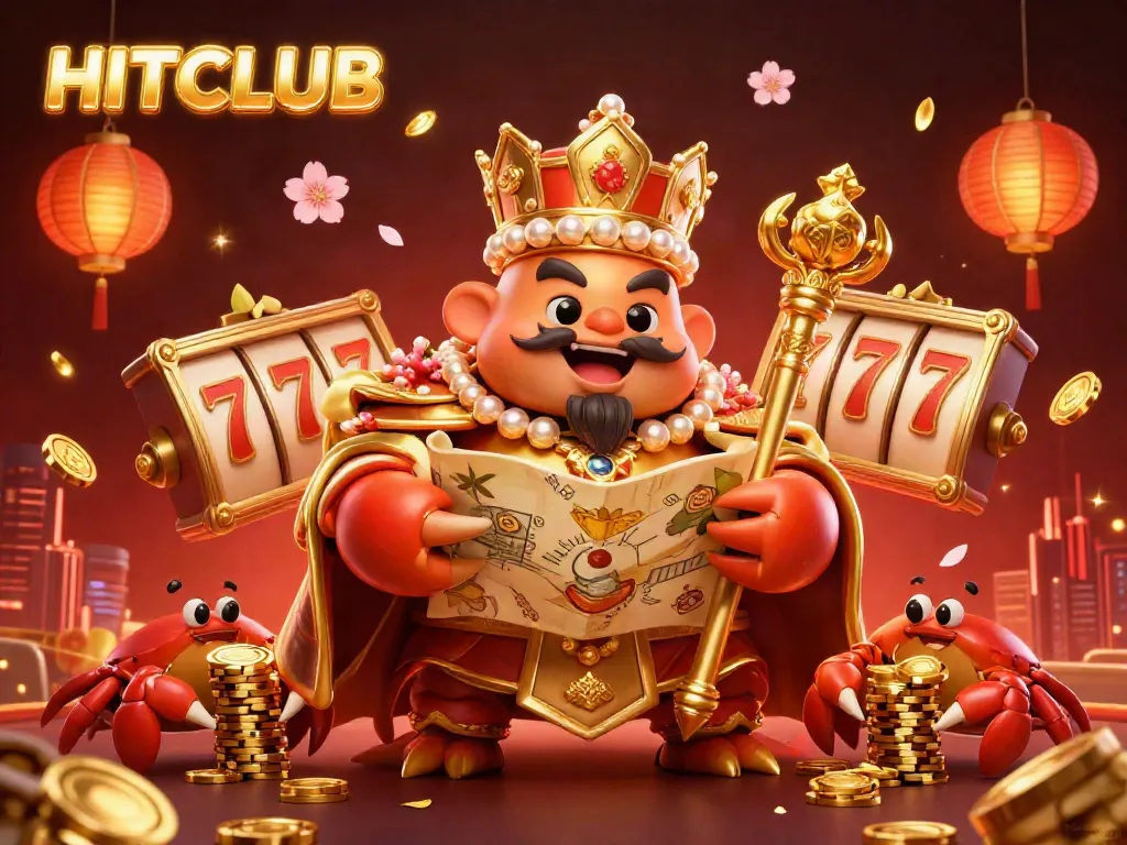Engage with HITCLUB's vibrant casino atmosphere featuring a golden crab emperor and dynamic slots.