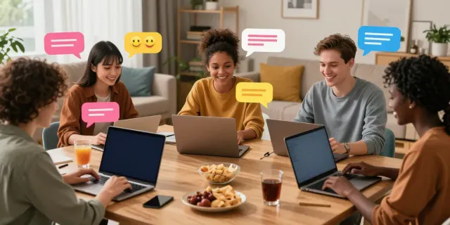 Engaging discussion in a cozy setting featuring users enjoying porn chat on various devices.