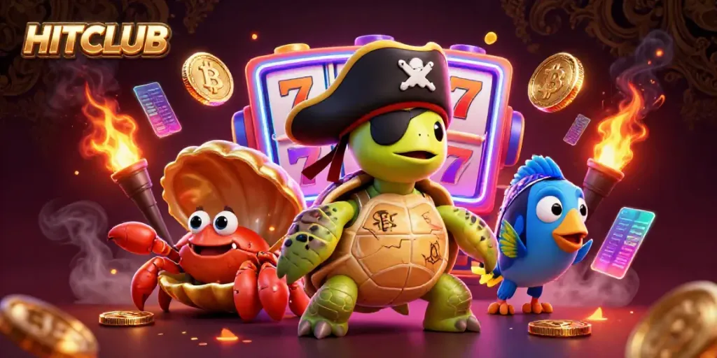Experience HITCLUB's vibrant gaming world featuring animated casino elements and lively characters.