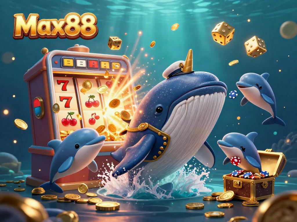 Max88 showcases an exciting underwater casino scene with a whale and dolphins surrounded by coins and slot machine elements.