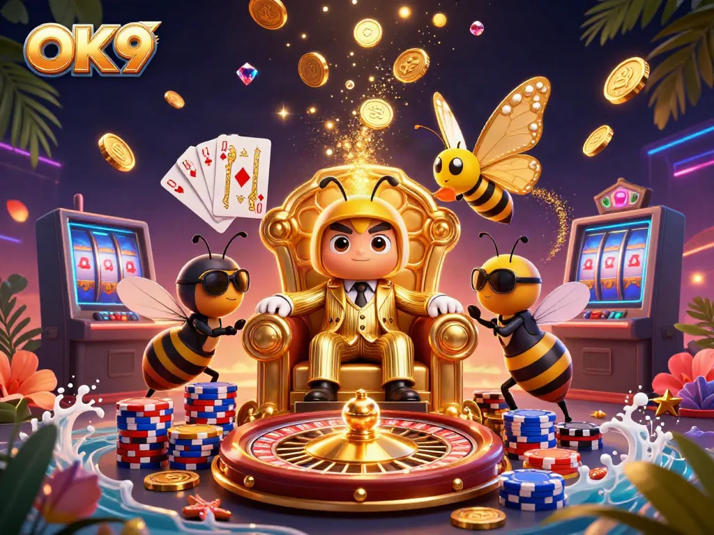 Engage in playful gambling with OK9's vibrant 3D casino scene, featuring a cartoon bumblebee mob boss