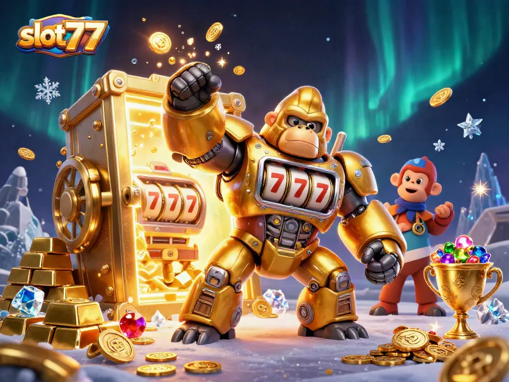 Raih kemenangan besar di slot777 dengan gorila emas mekanik dan harta karun berkilau.