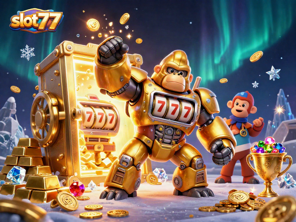 Raih kemenangan besar di slot777 dengan gorila emas mekanik dan harta karun berkilau.