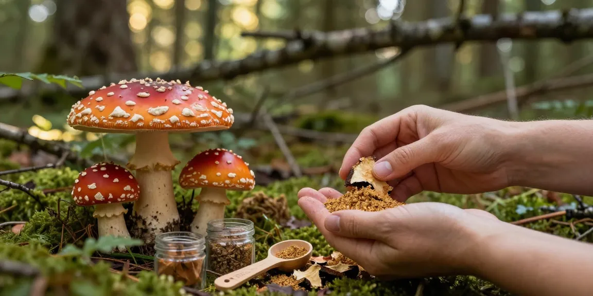Vorbereitung von Fliegenpilz Pulver mit lebhaften Amanita Muscaria Pilzen in einem ruhigen Wald.