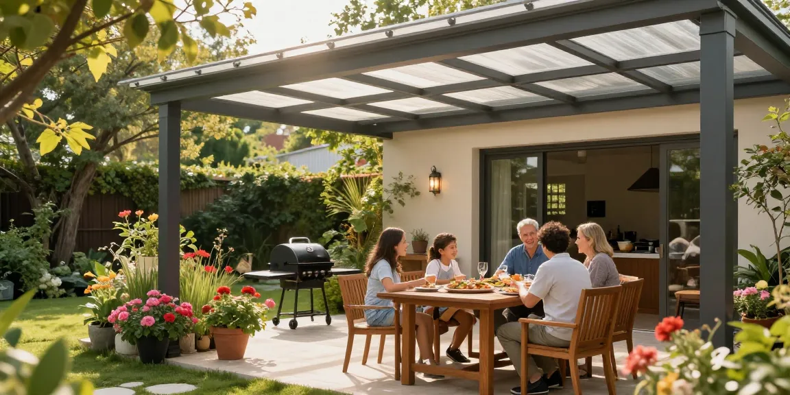 Freistehende Terrassenüberdachung in einem Garten mit Familie, sonnigem Ambiente.