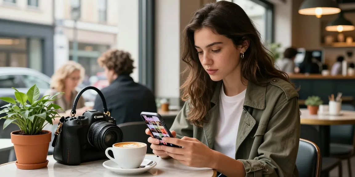 Instagram Follower kaufen: Influencer in modernem Café, Smartphone zeigt Instagram-Feed
