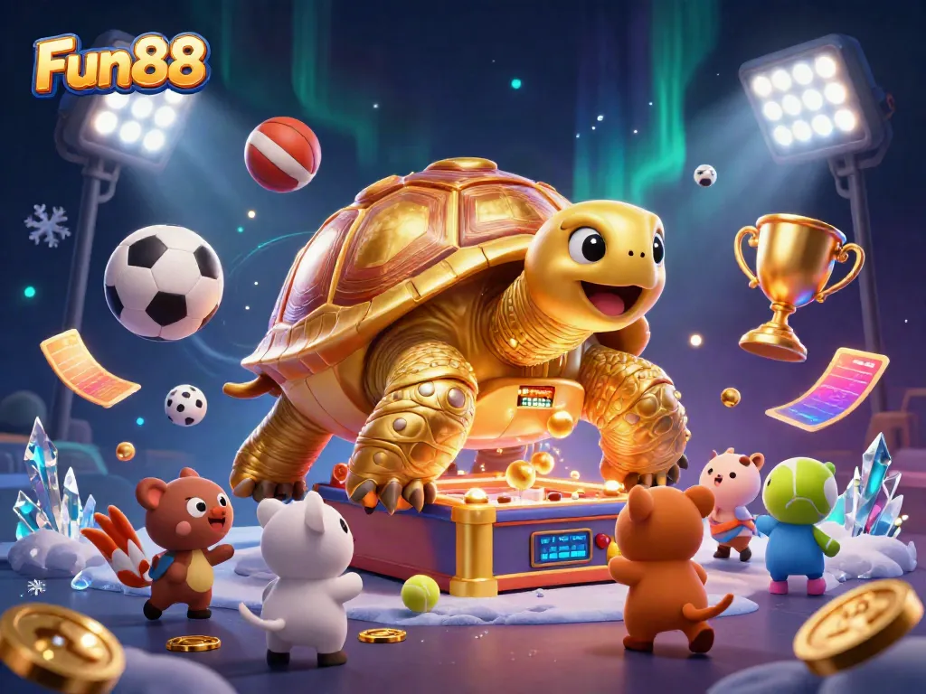 Experience thrilling Fun88 action with a playful golden tortoise pinball machine and lively sports elements.