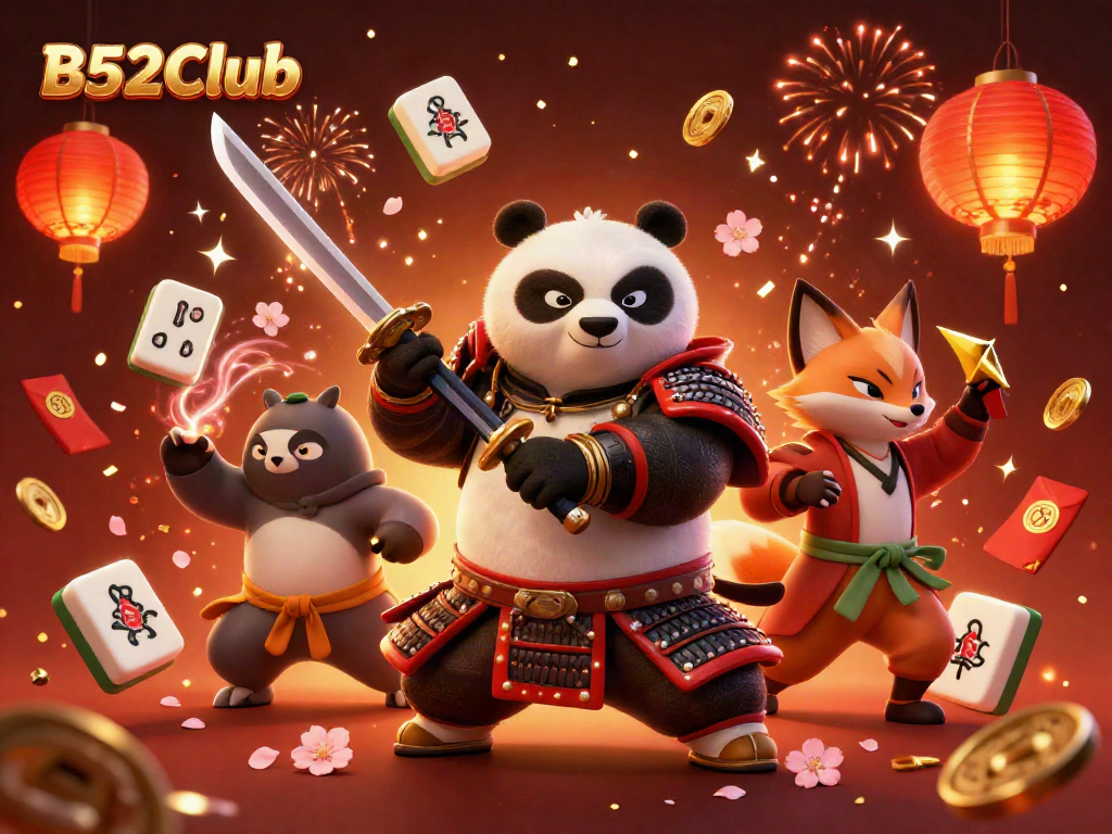 Experience thrilling gameplay with B52Club's stunning 3D rendered scene featuring a samurai panda and a ninja fox.