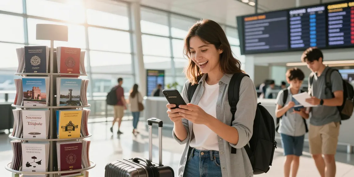 Aufgeregter Reisender am Flughafen mit Pass, hebt hervor, einen Originalpass mit vollständiger Verifizierung online zu kaufen.