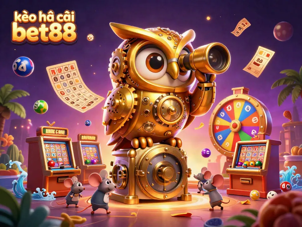 Engage with kèo nhà cái bet88 in a vibrant casino scene featuring a golden owl and lively game elements.