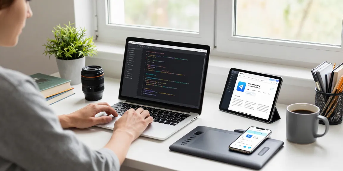 Personal workspace featuring Telegram网页版 on laptop alongside productivity tools in a bright, innovative environment.
